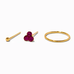 Anneau et clous de nez 1,7 mm strass rose couleur dorée - Lot de 3