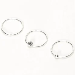 Anneaux de nez avec strass barre boule 0,6 mm couleur argentée - Lot de 3