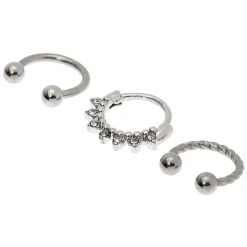 Anneaux de piercing cartilage strass torsadés couleur argenté - Lot de 3