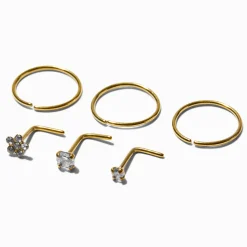 Anneaux et clous de nez carrés 0,8 mm avec strass carrés et marguerite en acier inoxydable couleur dorée - Lot de 6