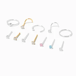 Anneaux et clous de nez variés 0,6 mm en zircon cubique couleur argentée - Lot de 12