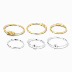 Anneaux pour piercing de nez perlés 0,6 mm couleur argentée en métaux mixtes - Lot de 6