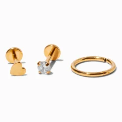 Anneaux pour piercing de cartilage 1,0 mm cœur en zircon cubique et titane couleur dorée - Lot de 3