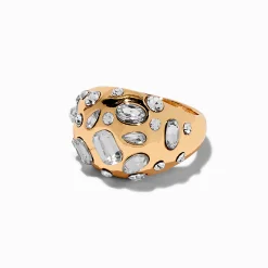 Bague de caractère bulle avec strass variés couleur dorée