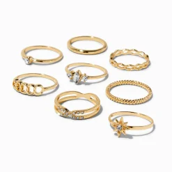 Bagues célestes géométriques couleur dorée - Lot de 8