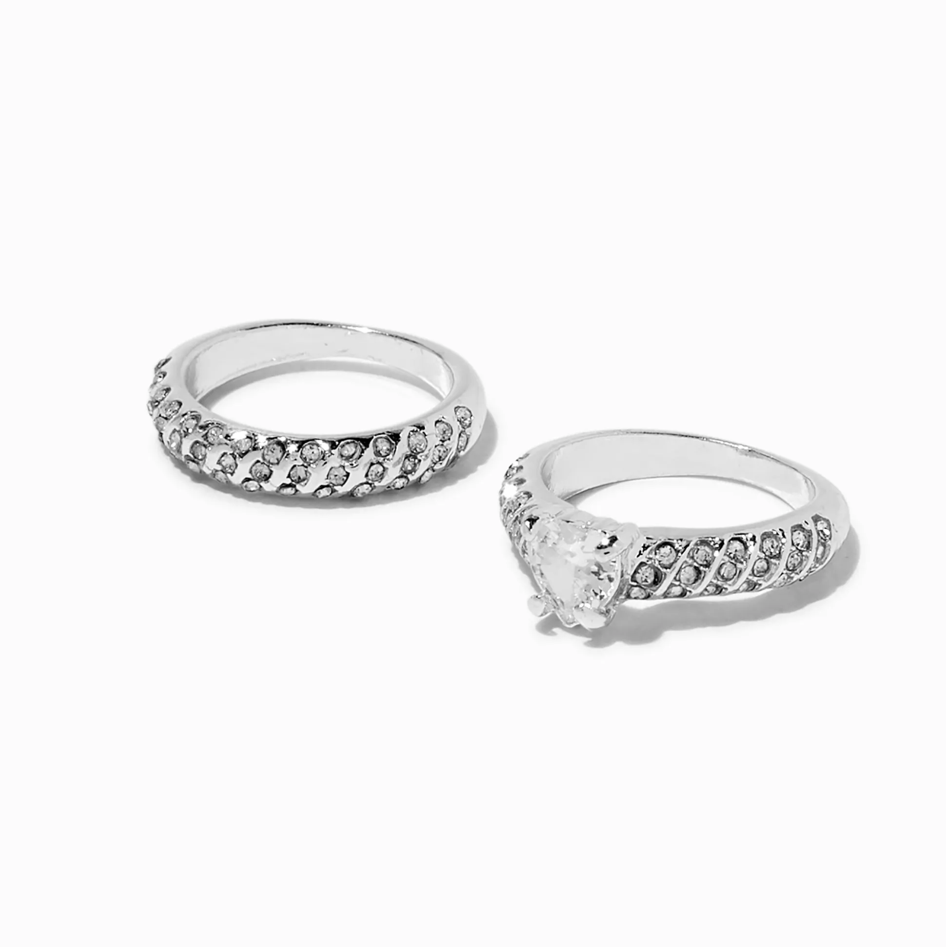 Bagues cœur en zircon cubique couleur argentée - Lot de 2