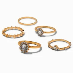 Bagues en strass d'inspiration vintage couleur dorée - Lot de 5