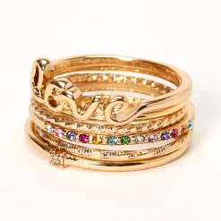 Bagues mixtes avec strass arc-en-ciel « Love » couleur dorée - Lot de 6
