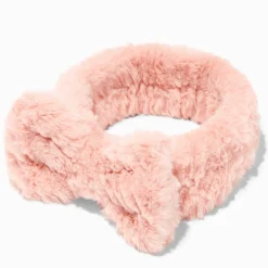 Bandeau de démaquillage à nœud en fausse fourrure rose