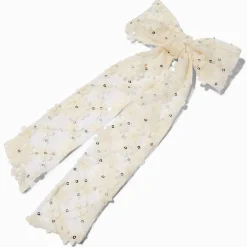 Barrette à nœud à longs pans avec sequins fleur couleur ivoire