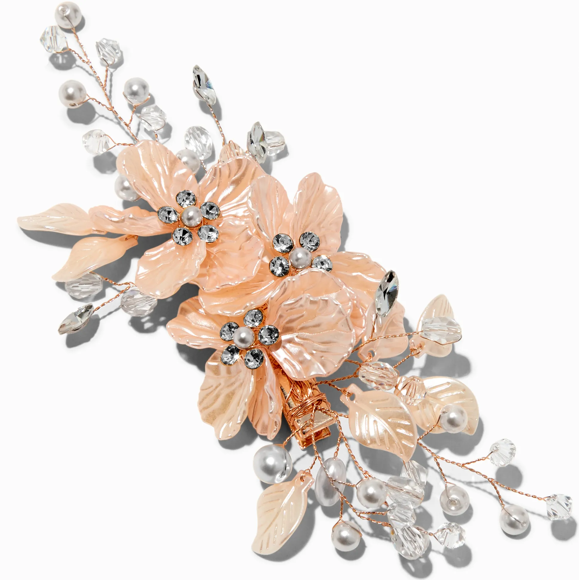 Barrette avec fleurs roses, strass et perles d’imitation