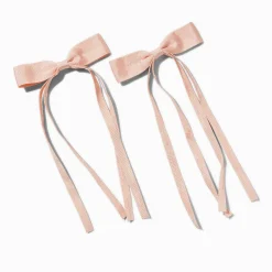 Barrettes à nœud à longs pans en ruban gros-grain rose tendre - Lot de 2