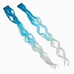 Barrettes avec extensions de cheveux synthétiques bouclés dégradés bleus - Lot de 2