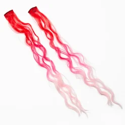 Barrettes avec extensions de cheveux synthétiques bouclés dégradés rouges et roses - Lot de 2