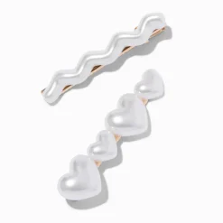 Barrettes cœur et vague perle d'imitation - Lot de 2