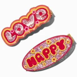 Barrettes pailletées positives « Love » et « Happy » - Lot de 2