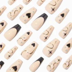 Black Heart Bling French Tip Squareletto Vegan Faux Nail Set - 24 Pack
