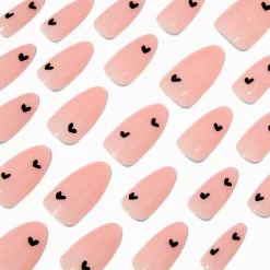 Black Heart Pink Long Almond Vegan Faux Nail Set - 24 Pack