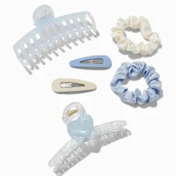 Blue & Cream Mixed Scrunchie & Hair Clip Set - 6 Pack