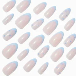 Blue Chrome French Tip Bling Stiletto Vegan Faux Nail Set - 24 Pack