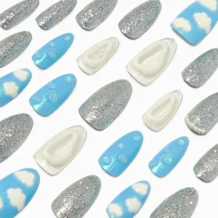 Blue Puffy Clouds Stiletto Vegan Faux Nail Set - 24 Pack