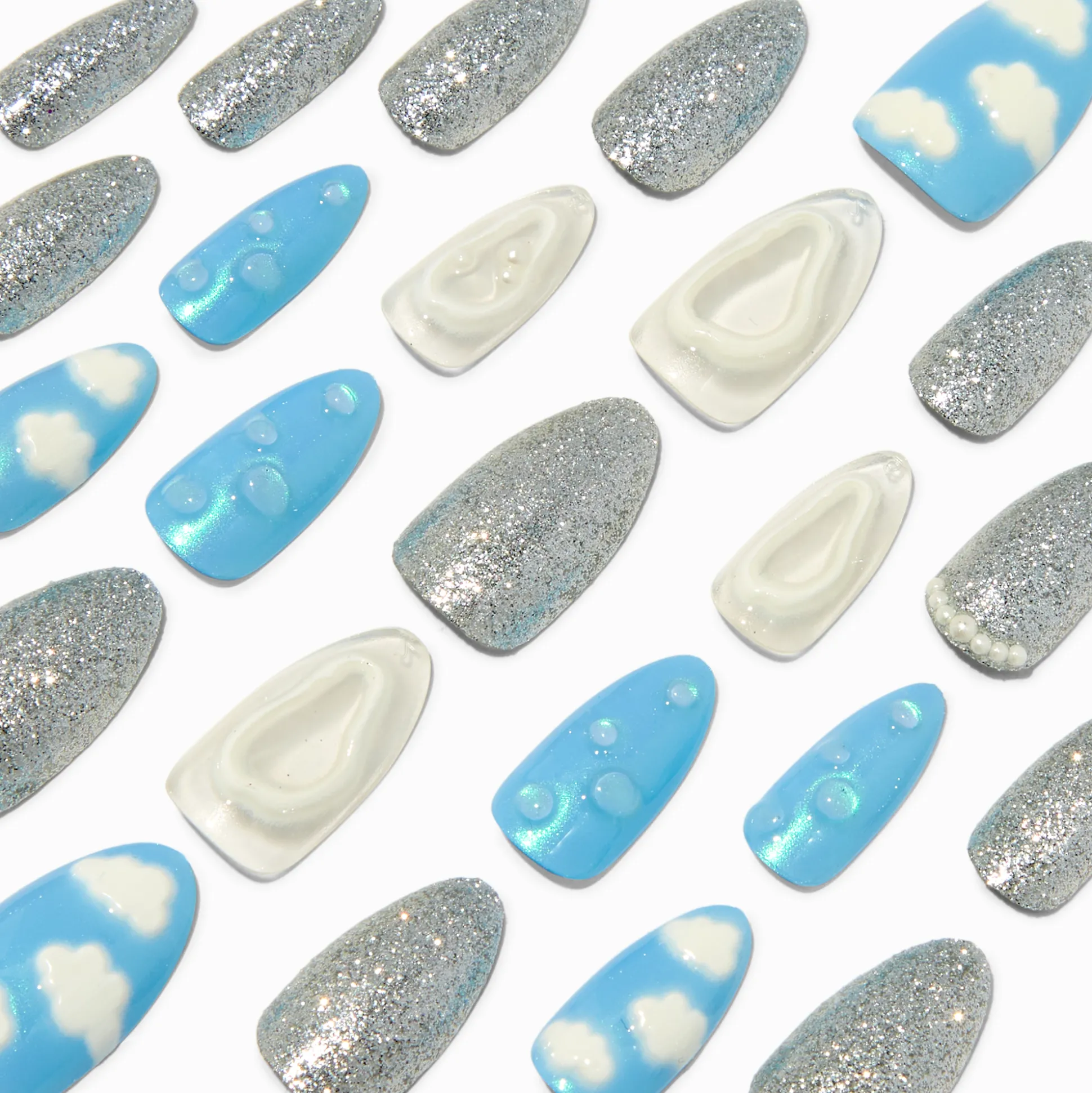 Blue Puffy Clouds Stiletto Vegan Faux Nail Set - 24 Pack