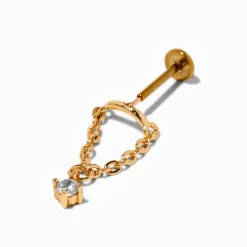 Boucle d’oreille non filetée pour piercing hélix avec strass pendant 1,2 mm acier inoxydable couleur dorée