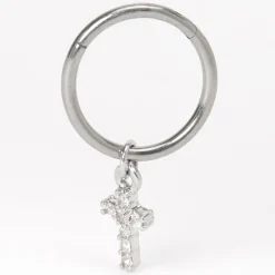 Boucle d'oreille pour piercing de cartilage avec breloque croix en strass 16 g couleurs argentée et titanée