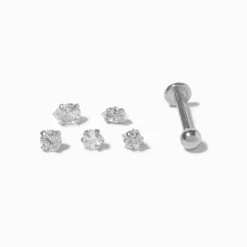 Boucles d’oreilles à arrière plat pour piercing tragus 1,2 mm plusieurs embouts interchangeables en zircon cubique d'imitation couleur argentée - Lot de 6