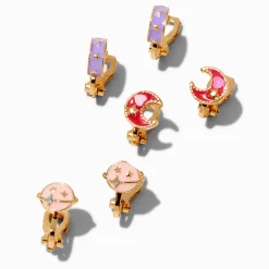 Boucles d’oreilles à clip anneaux planète, lune, céleste - Lot de 3