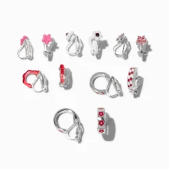 Boucles d’oreilles à clip carreaux et fleurs roses - Lot de 6