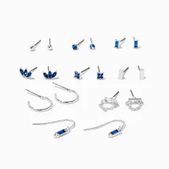 Boucles d’oreilles aux designs variés avec strass couleur bleu saphir - Lot de 9
