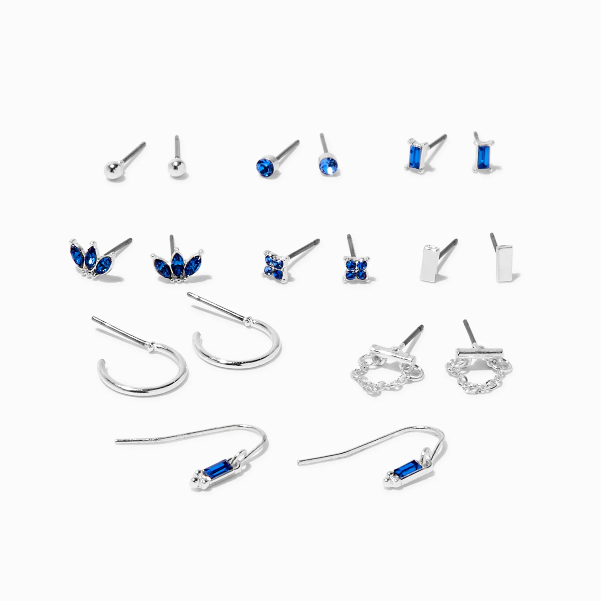 Boucles d’oreilles aux designs variés avec strass couleur bleu saphir - Lot de 9
