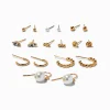 Boucles d’oreilles aux designs variés perle d'imitation et tourbillon de strass couleur dorée - Lot de 9