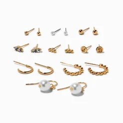 Boucles d’oreilles aux designs variés perle d'imitation et tourbillon de strass couleur dorée - Lot de 9