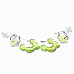 Boucles d’oreilles empilables fleurs en acrylique vertes - Lot de 3