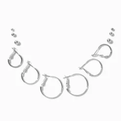 Boucles d’oreilles empilables créoles et boules de tailles graduelles couleur argentée - Lot de 6