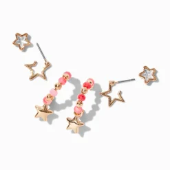 Boucles d’oreilles empilables pierre rose couleur dorée - Lot de 3