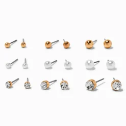 Boucles d’oreilles perle d'imitation, strass, de tailles graduelles couleur dorée - Lot de 9