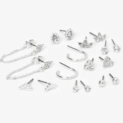 Boucles d’oreilles sophistiquées aux designs variés avec strass couleur argentée - Lot de 9