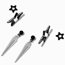 Boucles d’oreilles superposables pointes et étoiles noires - Lot de 3