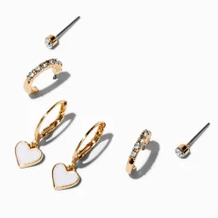 Boucles d’oreilles superposables strass et cœurs blancs - Lot de 3