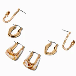 Boucles d’oreilles superposables en forme de U effet marbré couleur dorée - Lot de 3