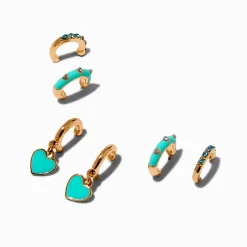 Boucles d’oreilles superposables créoles couleur dorée cœur vert menthe - Lot de 3