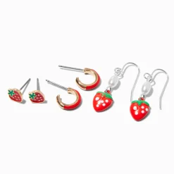 Boucles d’oreilles superposables fraises rouges - Lot de 3