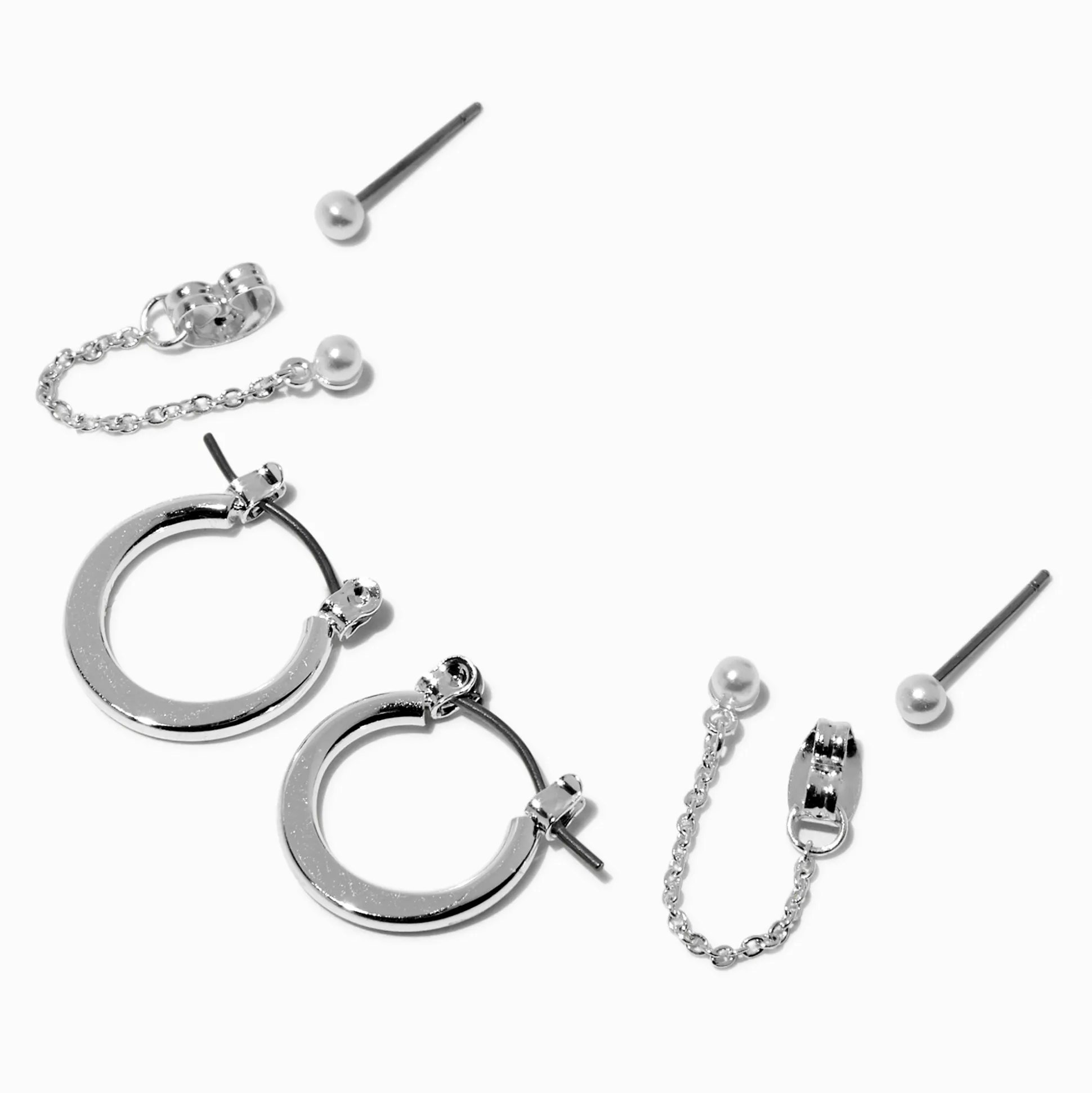 Boucles d’oreilles superposables couleur argentée et perle d'imitation - Lot de 3