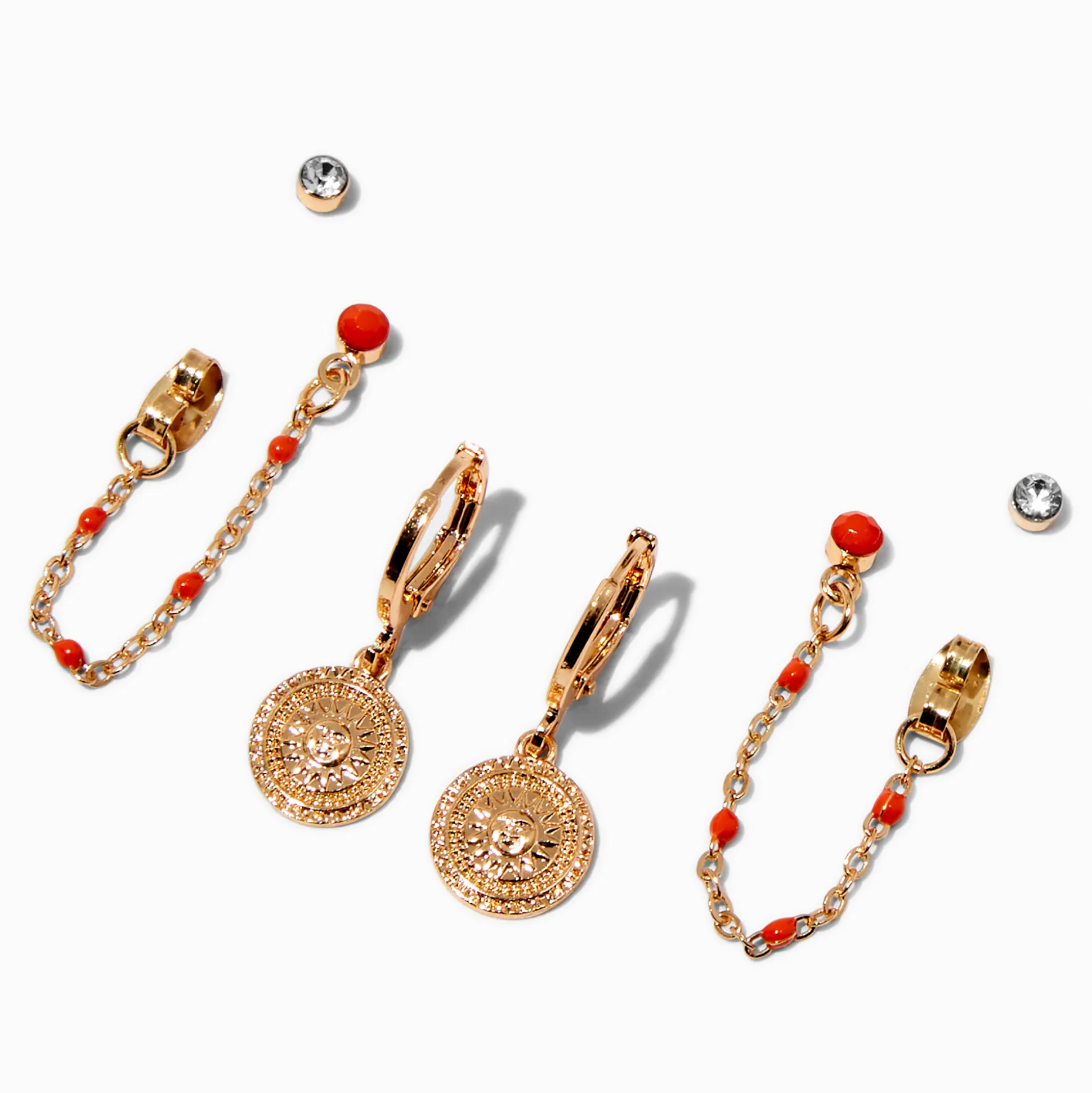 Boucles d’oreilles superposables à chaîne orange pièce soleil rayonnant couleur dorée - Lot de 3