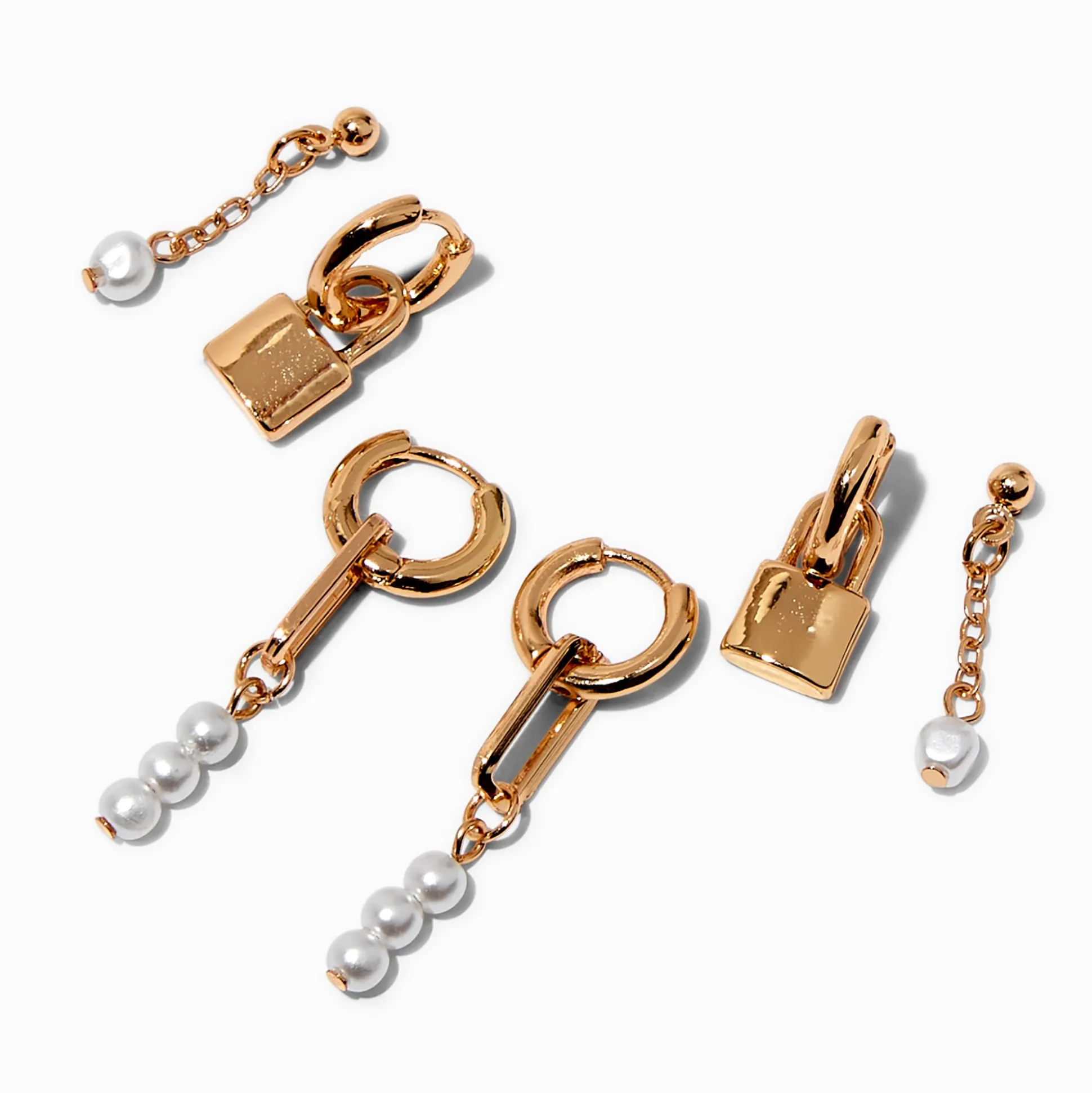 Boucles d’oreilles superposables perle d’imitation et cadenas couleur dorée - Lot de 3