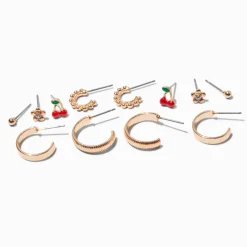 Boucles d’oreilles superposables cerises couleur dorée - Lot de 6