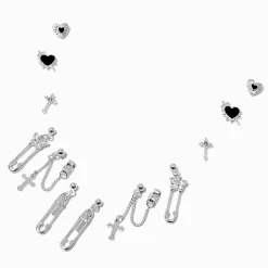 Boucles d’oreilles superposables grunge épingle à nourrice couleur argentée - Lot de 6